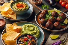 un plato con guacamole picante con nachos y otro plato con albóndigas